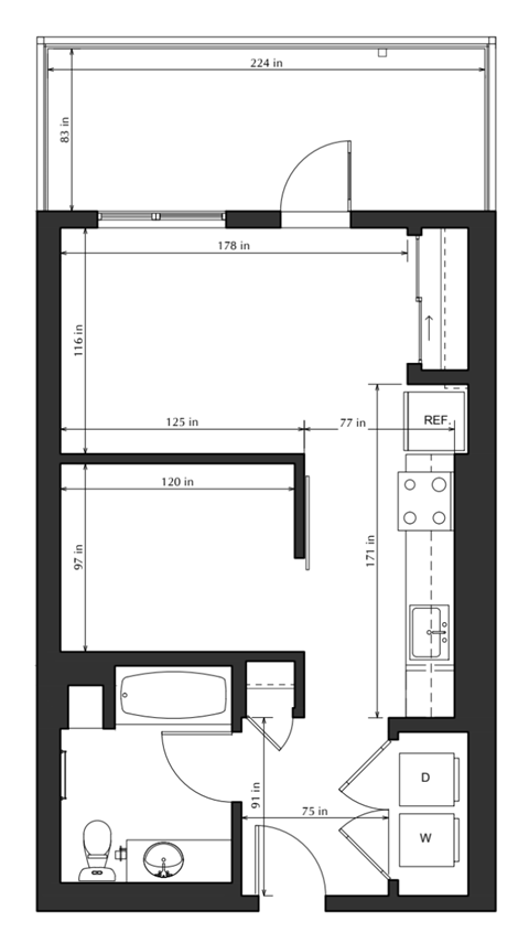 A black and white image of a floor plan with various rooms and measurements.